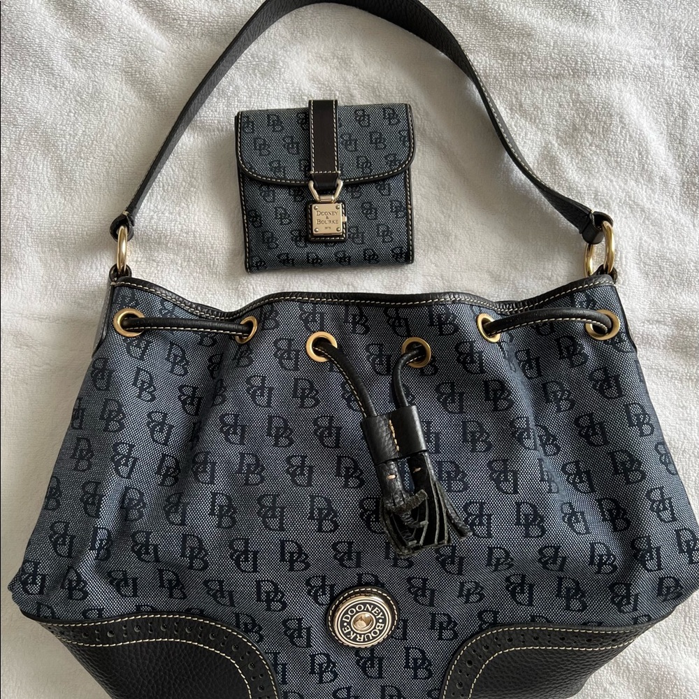 Dooney & Bourke Navy Blue Bucket Drawstring Bag with Matching Wallet